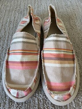 Sanuk Women's Striped Slip-On Moccasins in Coral, Peach & Tan